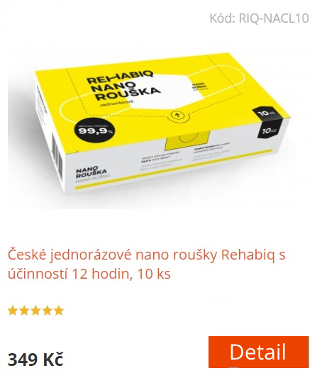 České jednorázové nano roušky Rehabiq s účinností 12 hodin, 10 ks